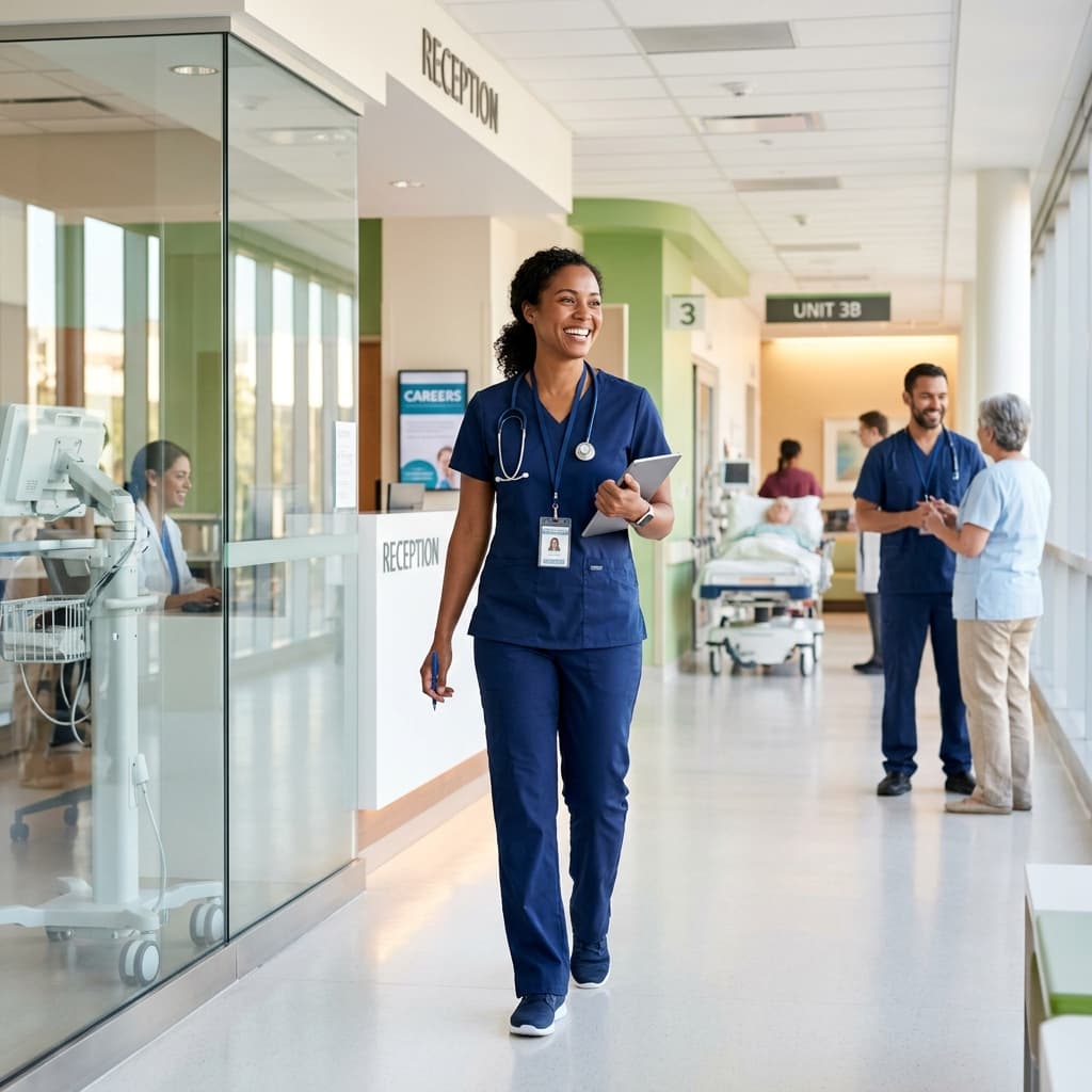 Happy female nurse walking in modern UK hospital
