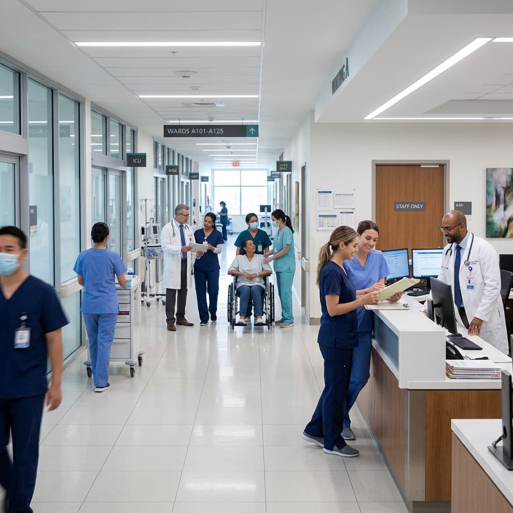 Healthcare professionals working in hospital corridor