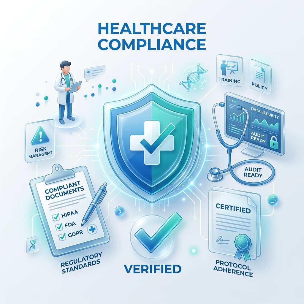 Healthcare compliance illustration with shield and verified documents