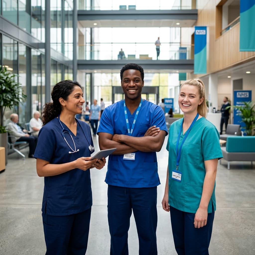 Healthcare professionals smiling in UK hospital