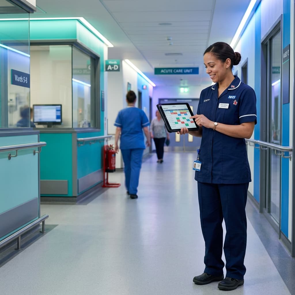 Nurse checking temporary shift schedule on tablet