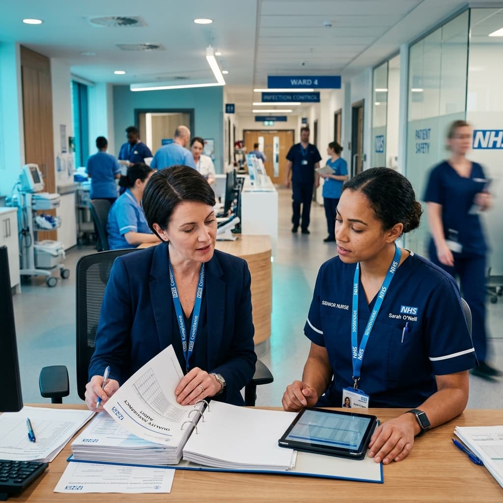 Healthcare compliance officer reviewing candidate credentials